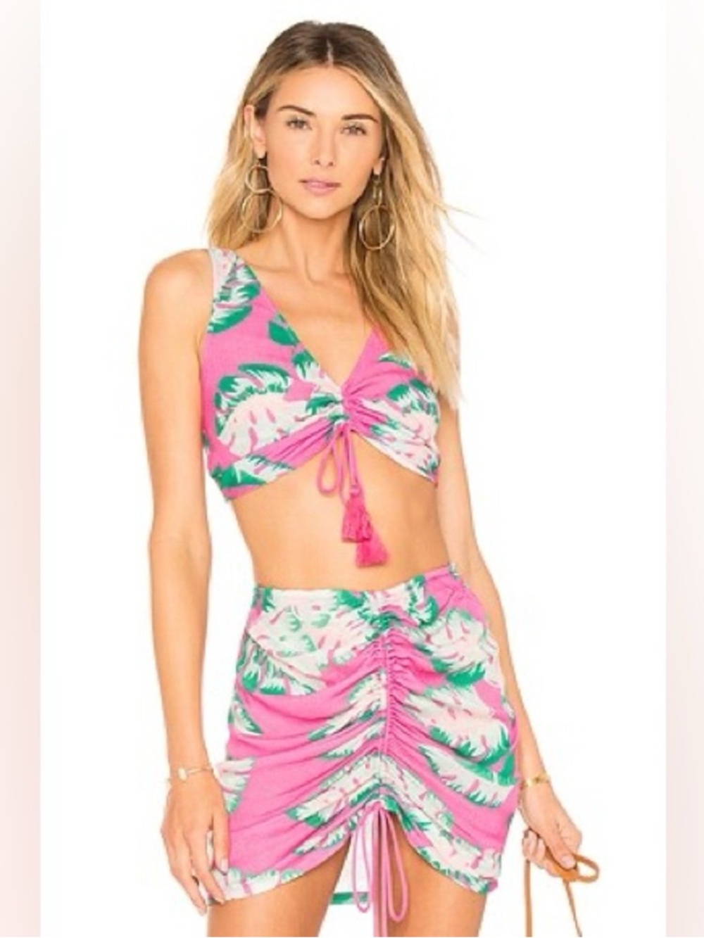 Lovers & Friends Pink Tropical Two-Piece Ruched Crop Top & Skirt Set XS